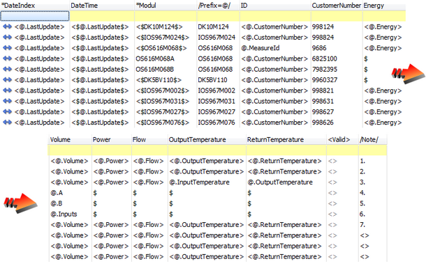 Ukázka definice exportu měřičů do SQL databáze, definice jednotlivých řádků - měřičů