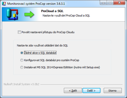 Instalace ProCop - volba operace s SQL databází Instalace ProCop - volba operace s SQL databází