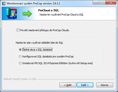 Instalace ProCop - volba operace s SQL databází